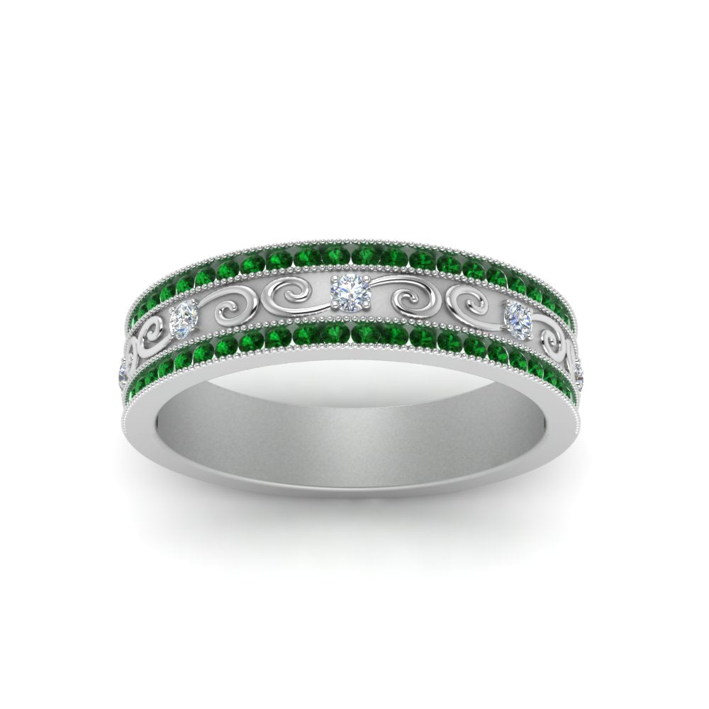 3-row-vine-vintage-diamond-wedding-ring-with-emerald-in-white-gold-FDB8627GEMGR-NL-WG