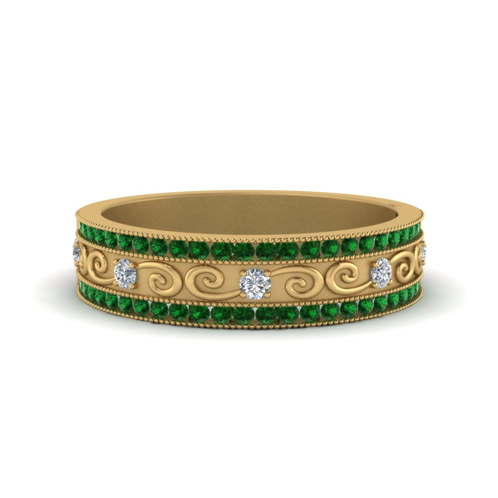 3-row-vine-vintage-diamond-wedding-ring-with-emerald-in-yellow-gold-FDB8627GEMGR-NL-YG