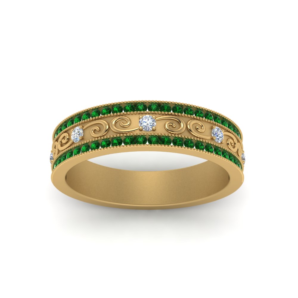 3-row-vine-vintage-diamond-wedding-ring-with-emerald-in-yellow-gold-FDB8627GEMGR-NL-YG