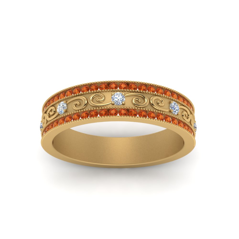 3-row-vine-vintage-diamond-wedding-ring-with-orange-sapphire-in-yellow-gold-FDB8627GSAOR-NL-YG