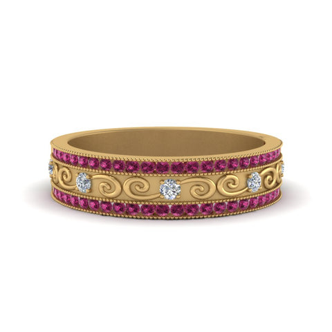 3-row-vine-vintage-diamond-wedding-ring-with-pink-sapphire-in-yellow-gold-FDB8627GSADRPI-NL-YG
