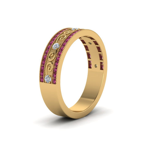 3-row-vine-vintage-diamond-wedding-ring-with-pink-sapphire-in-yellow-gold-FDB8627GSADRPI-NL-YG