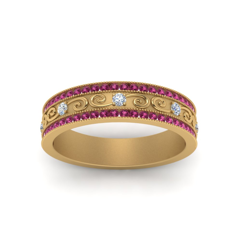 3-row-vine-vintage-diamond-wedding-ring-with-pink-sapphire-in-yellow-gold-FDB8627GSADRPI-NL-YG