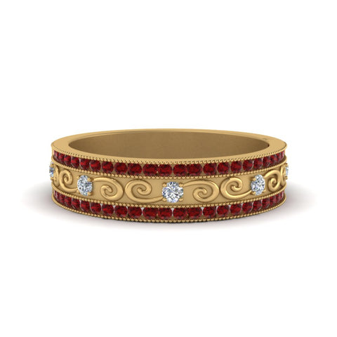 3-row-vine-vintage-diamond-wedding-ring-with-ruby-in-yellow-gold-FDB8627GRUDR-NL-YG