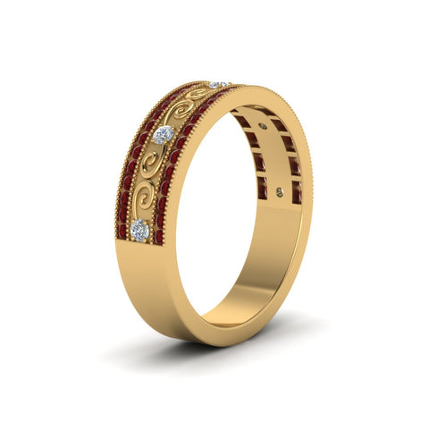 3-row-vine-vintage-diamond-wedding-ring-with-ruby-in-yellow-gold-FDB8627GRUDR-NL-YG