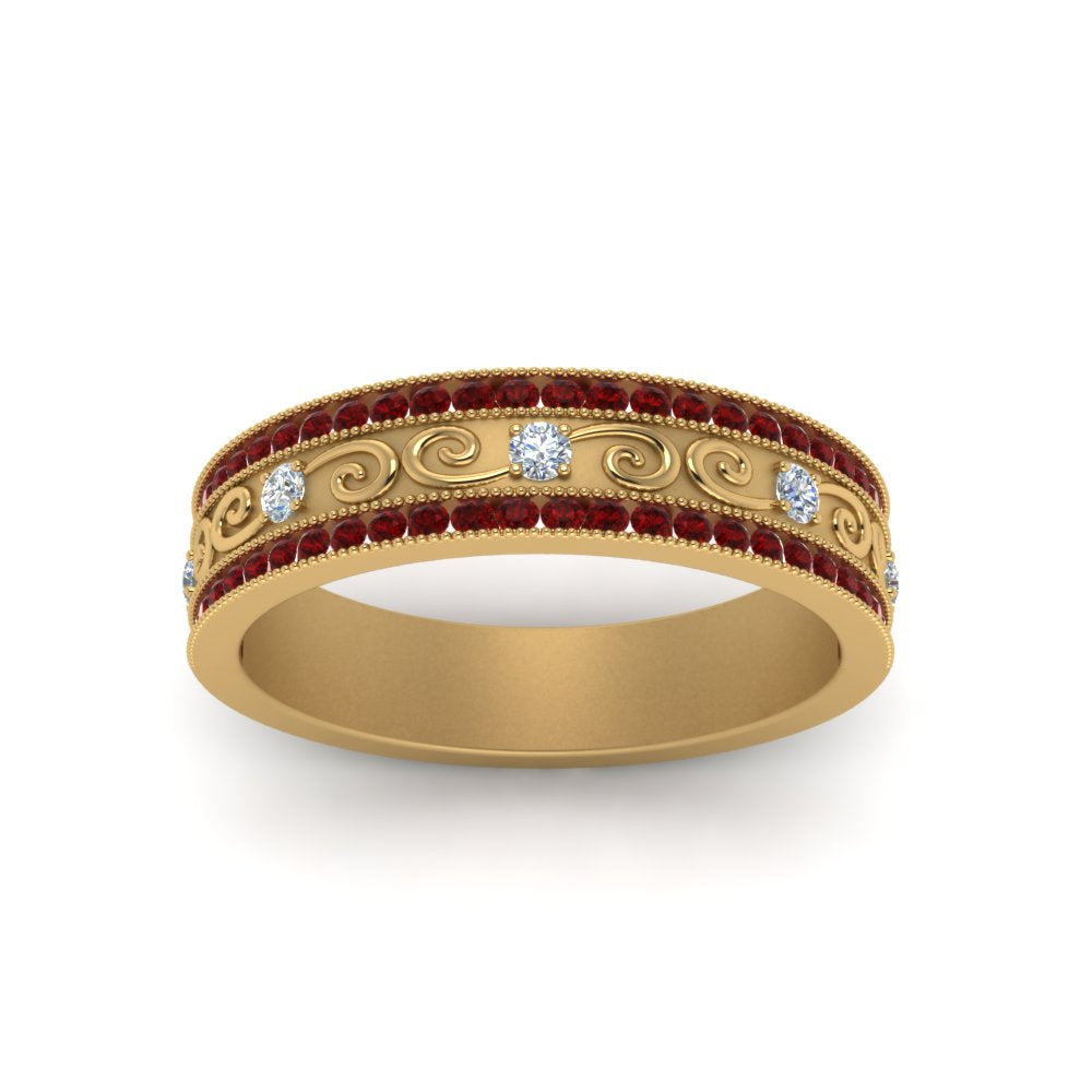 3-row-vine-vintage-diamond-wedding-ring-with-ruby-in-yellow-gold-FDB8627GRUDR-NL-YG