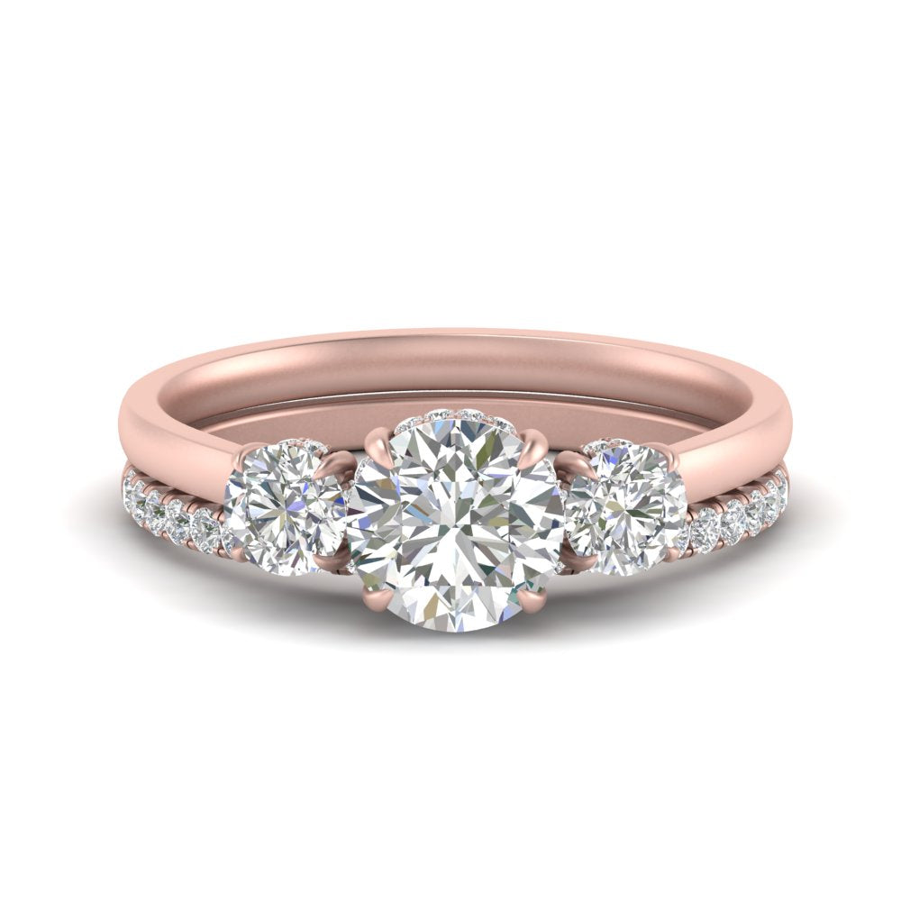 3 Stone Hidden Halo Diamond Ring With Band