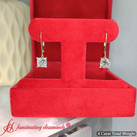 4 Ct Princess cut Leverback Dangle Earrings