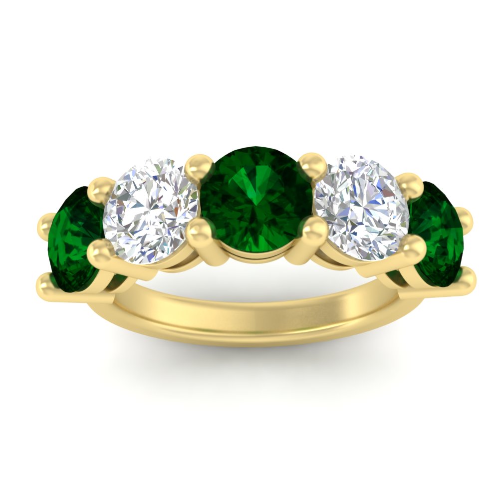 5-carat-round-5-stone-diamond-and-emerald-anniversary-wedding-band-in-yellow-gold-FDENS141ROBGEMGRANGLE5-5.00CT-NL-YG