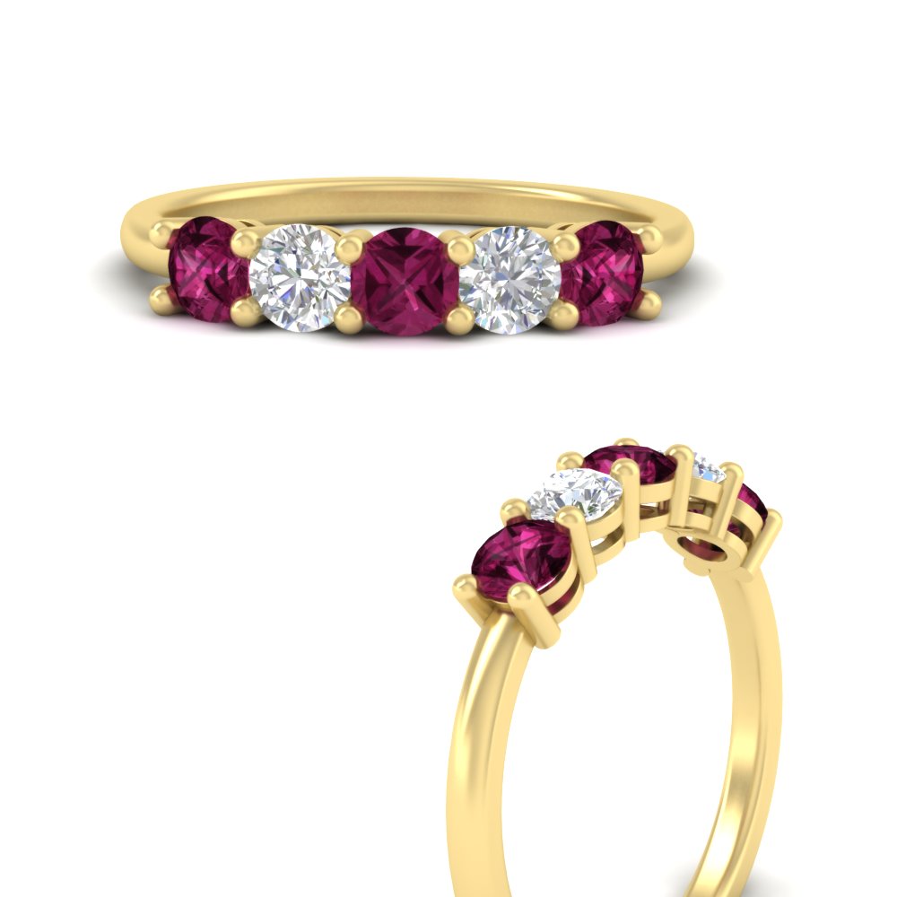 5-stone-round-cut-1-carat-diamond-and-pink-sapphire-wedding-band-in-yellow-gold-FDENS141ROBGSADRPIANGLE3-1.00CT-NL-YG