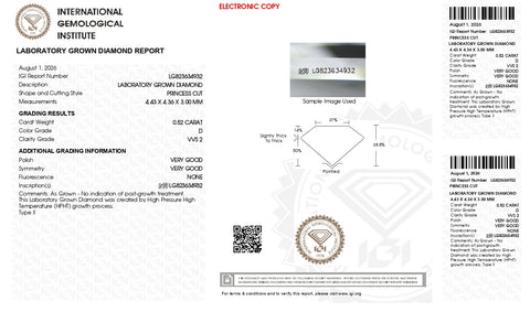IGI Certified 0.52 Carat Princess Cut Lab Grown Diamond VVS2 D