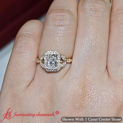 Radiant Cut Halo Diamond Ring with Leaf Design
