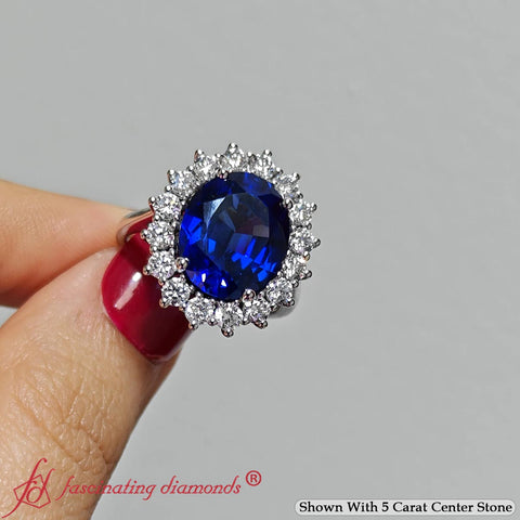 5 Carat Oval Shaped Blue Sapphire Halo Diamond Engagement Ring