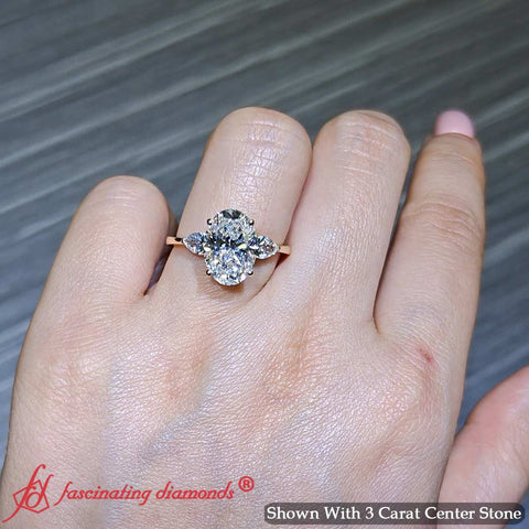 3 Stone Oval Shaped Lab Diamond Cathedral Ring With Pear Accents