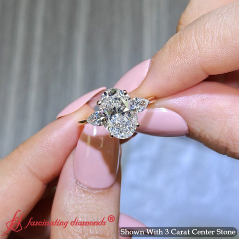3 Stone Oval Shaped Lab Diamond Cathedral Ring With Pear Accents