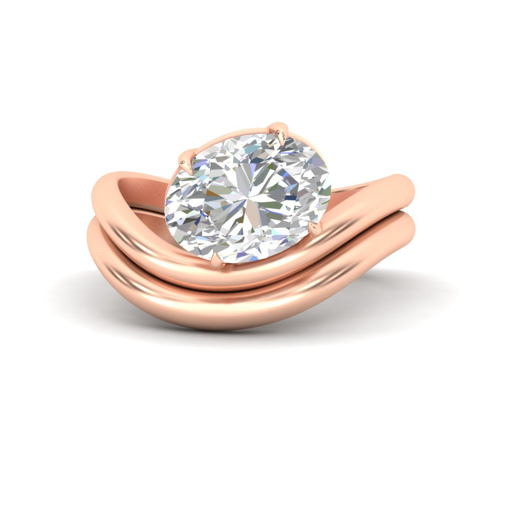 Oval Shaped Wave Solitaire Wedding Band Set
