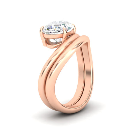 Oval Shaped Wave Solitaire Wedding Band Set