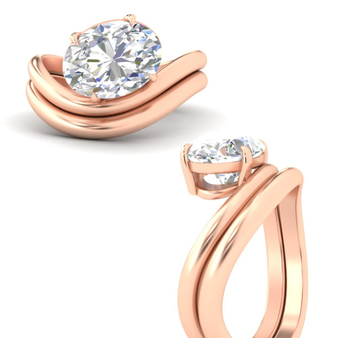 Oval Shaped Wave Solitaire Wedding Band Set