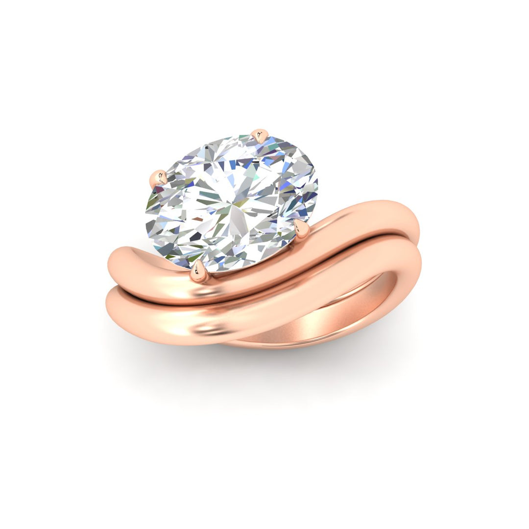 Oval Shaped Wave Solitaire Wedding Band Set