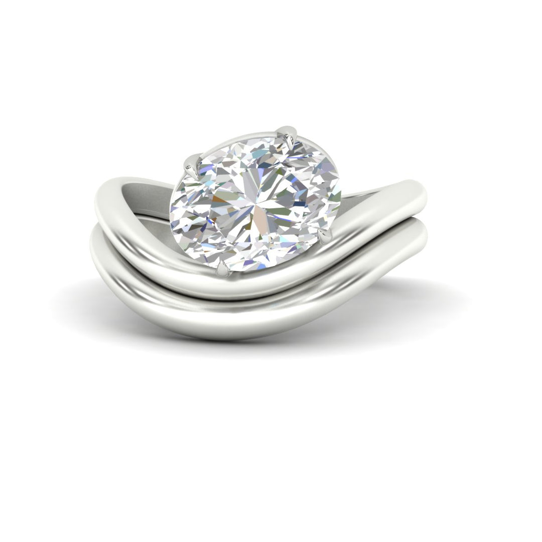 Oval Shaped Wave Solitaire Wedding Band Set