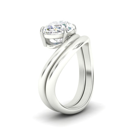 Oval Shaped Wave Solitaire Wedding Band Set