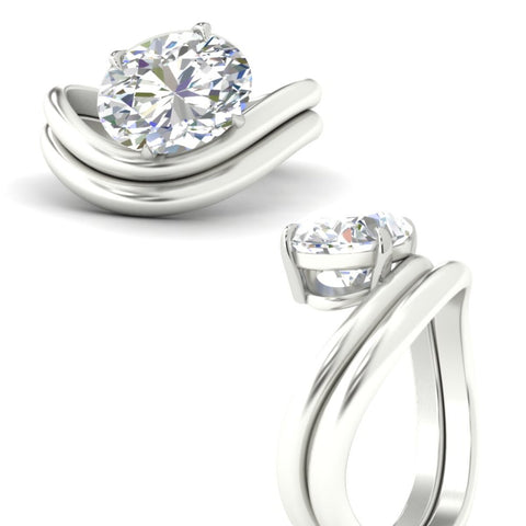 Oval Shaped Wave Solitaire Wedding Band Set