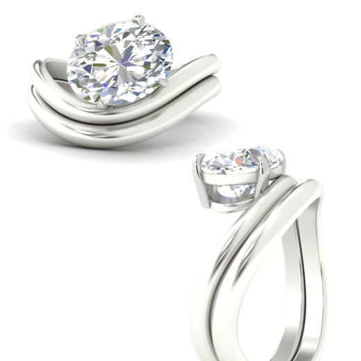 Oval Shaped Wave Solitaire Wedding Band Set