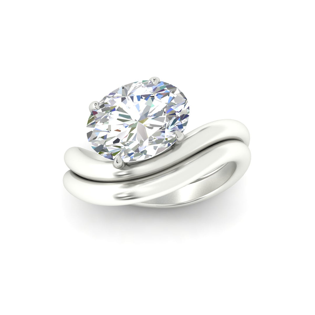 Oval Shaped Wave Solitaire Wedding Band Set
