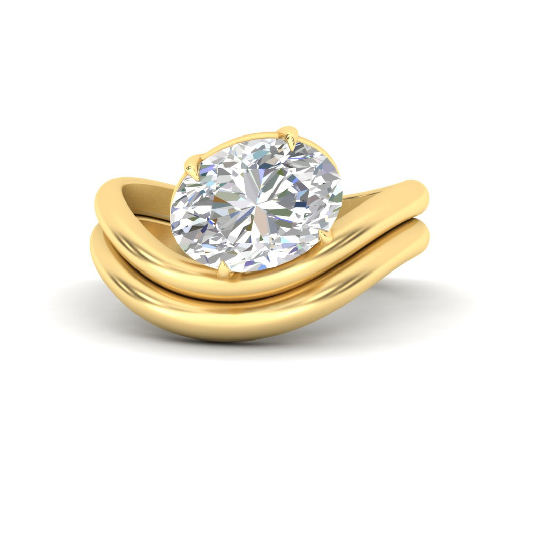 Oval Shaped Wave Solitaire Wedding Band Set