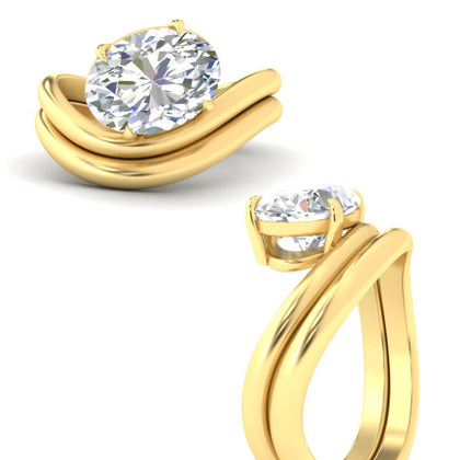 Oval Shaped Wave Solitaire Wedding Band Set