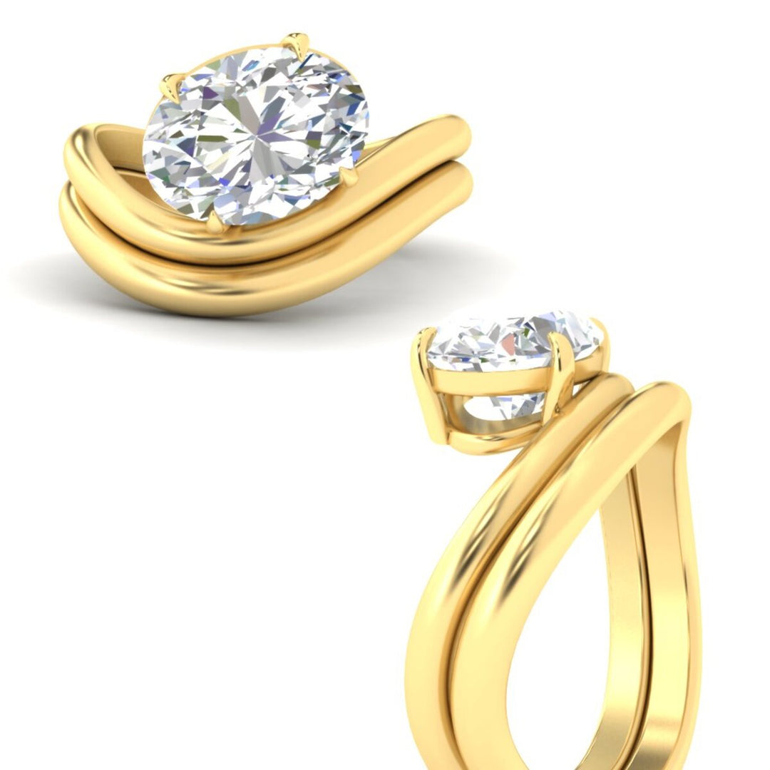 Oval Shaped Wave Solitaire Wedding Band Set