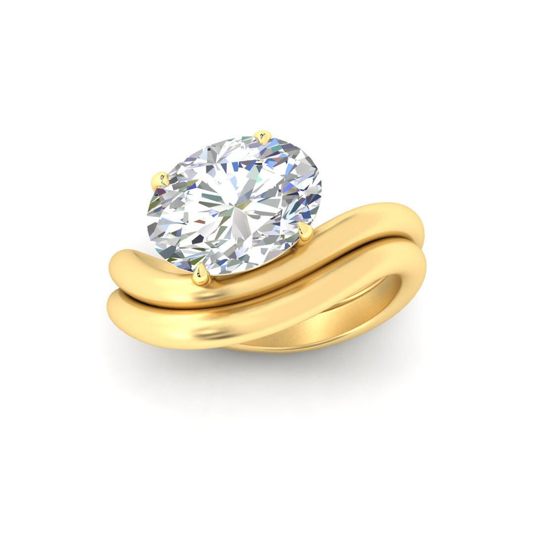 Oval Shaped Wave Solitaire Wedding Band Set