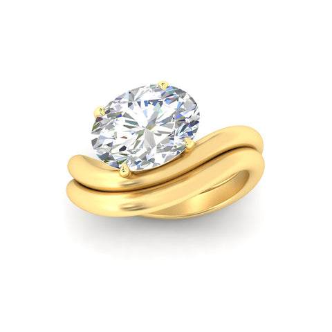 Oval Shaped Wave Solitaire Wedding Band Set