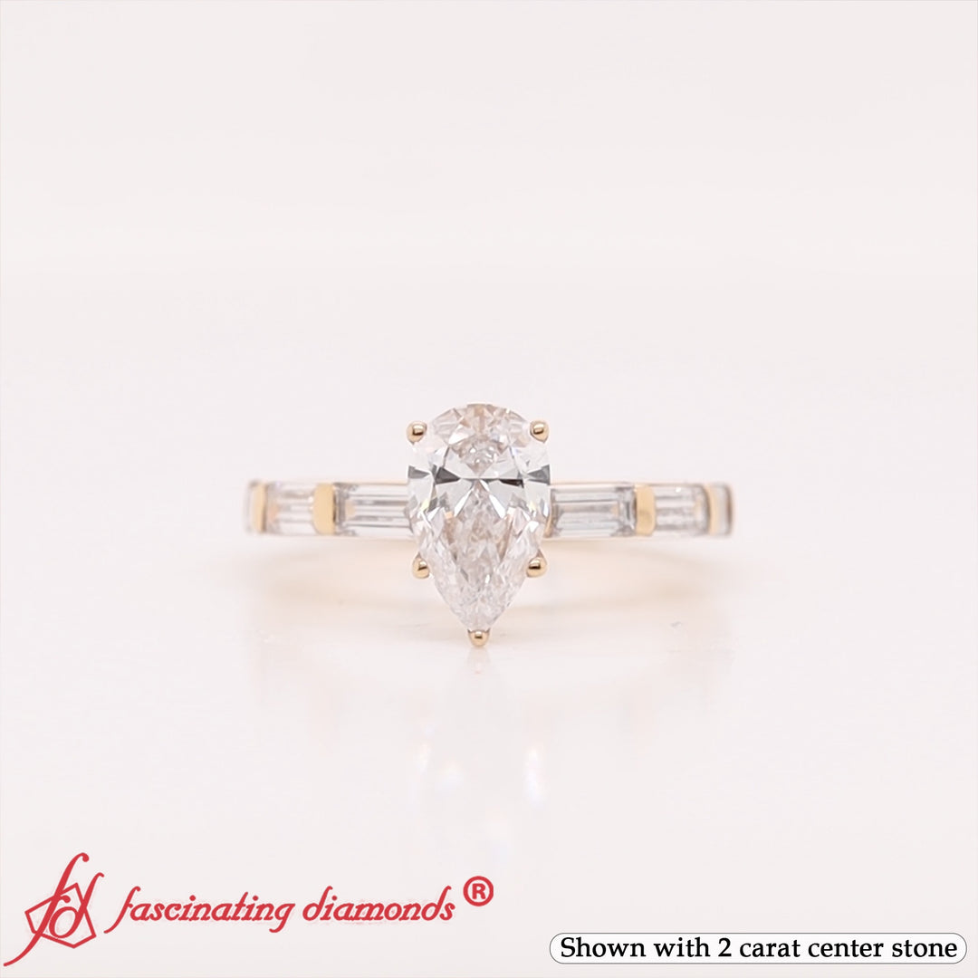 Pear Thin Band Engagement Ring With Baguette