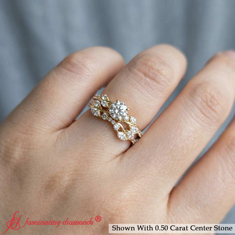 Lab Grown Round Cut Curved Vine Wedding Ring Set