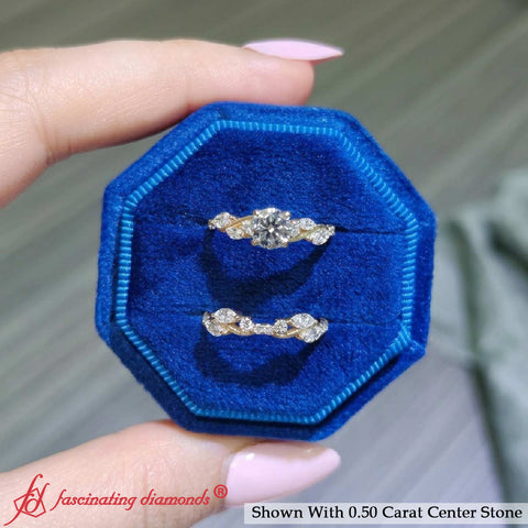 Lab Grown Round Cut Curved Vine Wedding Ring Set