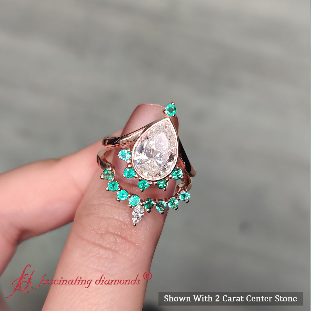Tiara Pear Bezel Wedding Ring Set