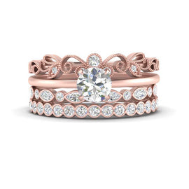 Antique Stacked Bands Solitaire Diamond Ring