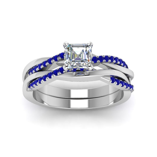 asscher-cut-Infinity-twist-diamond-matching-bridal-set-with-blue-sapphire-in-14K-white-gold-FD8253ASGSABL-NL-WG