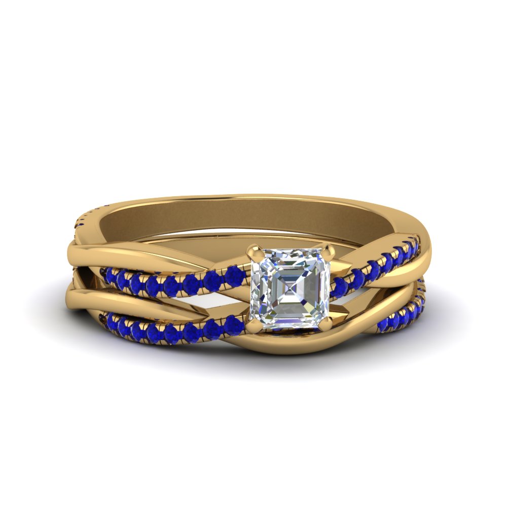 asscher-cut-Infinity-twist-diamond-matching-bridal-set-with-blue-sapphire-in-14K-yellow-gold-FD8253ASGSABL-NL-YG