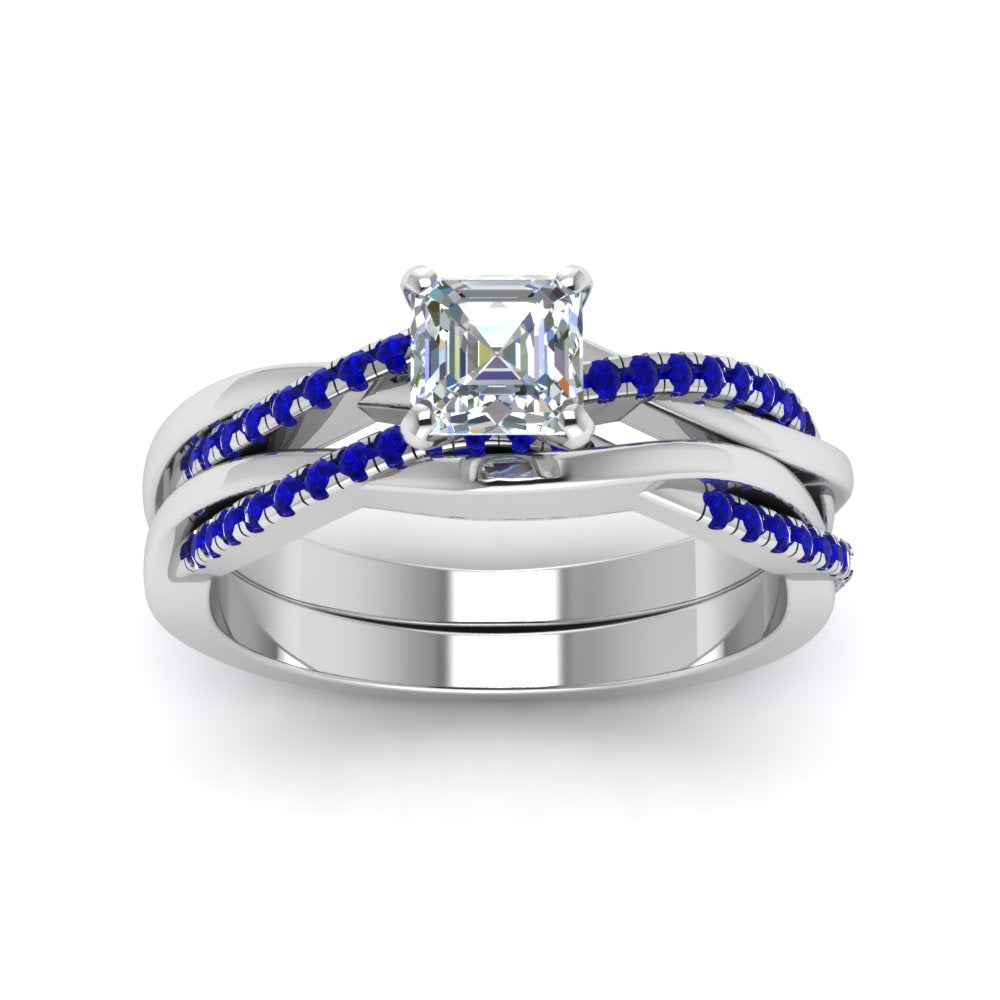 asscher-cut-Infinity-twist-diamond-matching-bridal-set-with-blue-sapphire-in-18K-white-gold-FD8253ASGSABL-NL-WG
