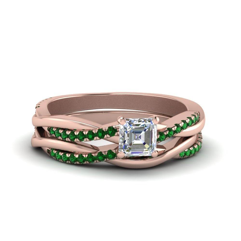 asscher-cut-Infinity-twist-diamond-matching-bridal-set-with-emerald-in-14K-rose-gold-FD8253ASGEMGR-NL-RG