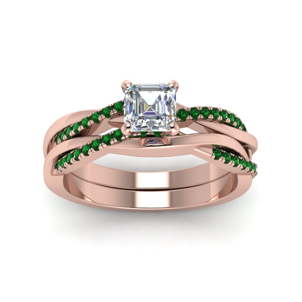 asscher-cut-Infinity-twist-diamond-matching-bridal-set-with-emerald-in-14K-rose-gold-FD8253ASGEMGR-NL-RG