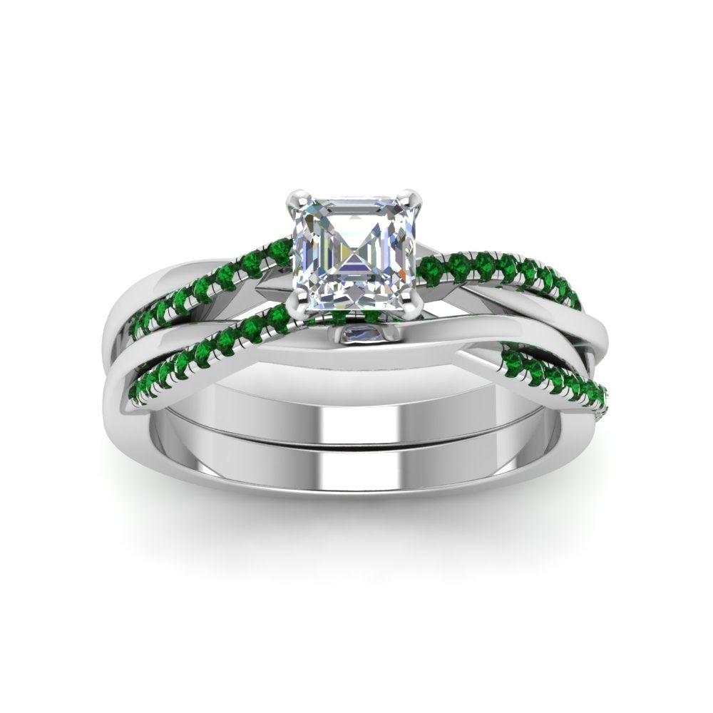 asscher-cut-Infinity-twist-diamond-matching-bridal-set-with-emerald-in-14K-white-gold-FD8253ASGEMGR-NL-WG