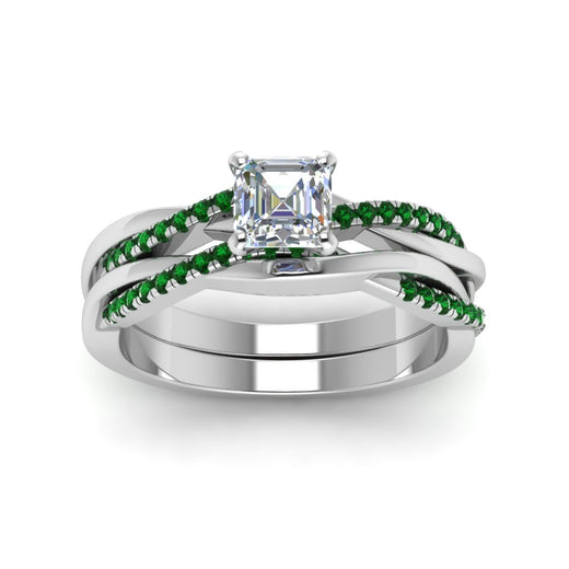 asscher-cut-Infinity-twist-diamond-matching-bridal-set-with-emerald-in-18K-white-gold-FD8253ASGEMGR-NL-WG