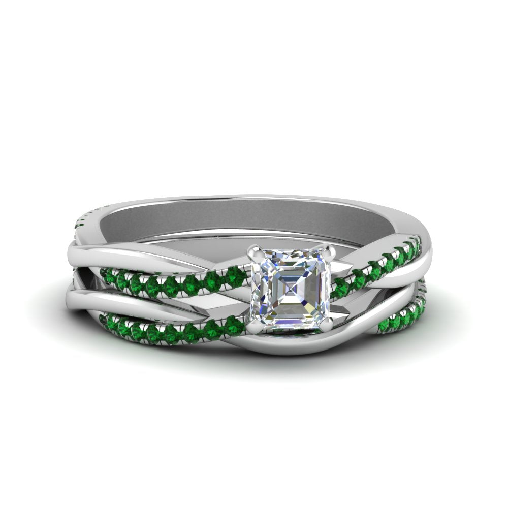 asscher-cut-Infinity-twist-diamond-matching-bridal-set-with-emerald-in-950-Platinum-FD8253ASGEMGR-NL-WG