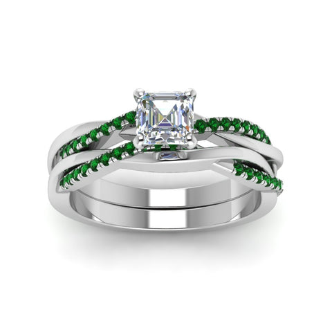 asscher-cut-Infinity-twist-diamond-matching-bridal-set-with-emerald-in-950-Platinum-FD8253ASGEMGR-NL-WG