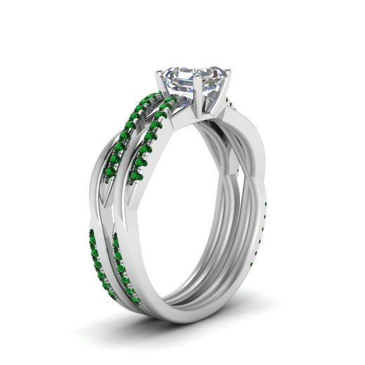 asscher-cut-Infinity-twist-diamond-matching-bridal-set-with-emerald-in-14K-white-gold-FD8253ASGEMGR-NL-WG