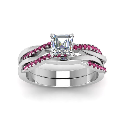 asscher-cut-Infinity-twist-diamond-matching-bridal-set-with-pink-sapphire-in-14K-white-gold-FD8253ASGSADRPI-NL-WG