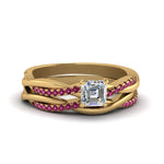 Load image into Gallery viewer, asscher-cut-Infinity-twist-diamond-matching-bridal-set-with-pink-sapphire-in-14K-yellow-gold-FD8253ASGSADRPI-NL-YG
